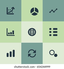 Vector Illustration Set Of Simple Diagram Icons. Elements Surge, Menu, World And Other Synonyms Comparison, Cycle And Global.