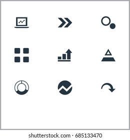 Vector Illustration Set Of Simple Diagram Icons. Elements Pie Bar, Ahead, Test And Other Synonyms Pie, Top And Triangle.