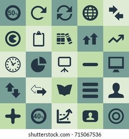 Vector Illustration Set Of Simple Diagram Icons. Elements Stand, Reverse, Watch Synonyms Profile, Timer And List.