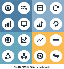 Vector Illustration Set Of Simple Diagram Icons. Elements Coordinate Axis, Surge, Line Chart And Other Synonyms Calculator, Dialog And Book.