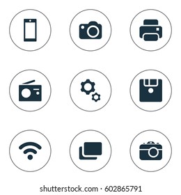 Vector Illustration Set Of Simple Digital Icons. Elements Photocopier, Layout, Smartphone And Other Synonyms Wifi, Settings And Tuner.