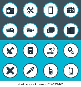 Vector Illustration Set Of Simple Digital Icons. Elements Settings, Photographing, Karaoke And Other Synonyms Phone, Document And Network.