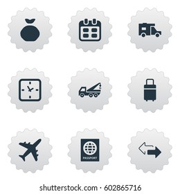 Vector Illustration Set Of Simple Distribution Icons. Elements Passport, Airline, Day And Other Synonyms Sack, Caravan And Date.