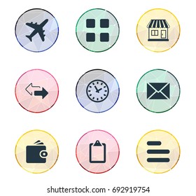 Vector Illustration Set Of Simple Distribution Icons. Elements Questionaire, Expansion, Opposite Directions And Other Synonyms Clock, Checklist And Clipboard.