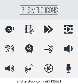 Vector Illustration Set Of Simple Dj Icons. Elements Sound, Microphone, Tape And Other Synonyms Wave, Web And Amplifier.