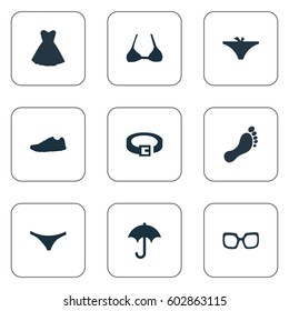 Vector Illustration Set Of Simple Dress Icons. Elements Eyeglasses, Exercise Foorwear, Attire And Other Synonyms Barefoot, Sneakers And Eyeglasses.