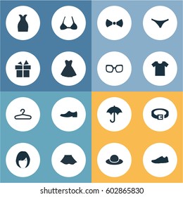 Vector Illustration Set Of Simple Dress Icons. Elements Elegant Headgear, Attire, Rack And Other Synonyms Optic, Hanger And Skirt.