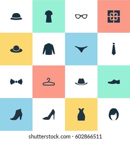 Vector Illustration Set Of Simple Dress Icons. Elements Elegant Headgear, Present, Head Accessory And Other Synonyms Sleeve, Fashion And Long.