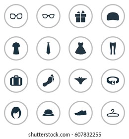 Vector Illustration Set Of Simple Dress Icons. Elements Panties, Hat, Rack And Other Synonyms Eyeglasses, Leather And Shoes.