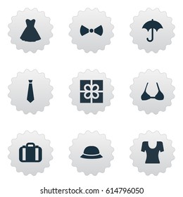 Vector Illustration Set Of Simple Dress Icons. Elements Brolly, Present, Tie And Other Synonyms Umbrella, Lingerie And Gift.