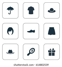 Vector Illustration Set Of Simple Dress Icons. Elements Head Accessory, Man Clothing, Elegance And Other Synonyms Shoes, Umbrella And Hat.