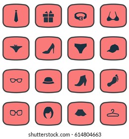 Vector Illustration Set Of Simple Dress Icons. Elements Female Cloth, Glasses, Strap And Other Synonyms Briefs, Heel And Accessory.