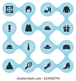 Vector Illustration Set Of Simple Dress Icons. Elements Elegant Headgear, Tie, Present And Other Synonyms Footprint, Mirror And Pompom.