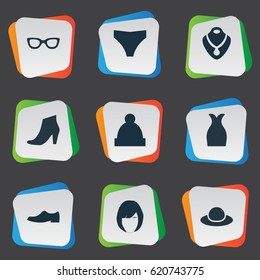 Vector Illustration Set Of Simple Dress Icons. Elements Jewelry, Elegance, Glasses And Other Synonyms Hairdressing, Headgear And Attire.