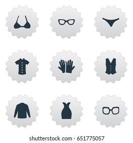 Vector Illustration Set Of Simple Dress Icons. Elements Eyeglasses, Waiter Uniform, Office Style And Other Synonyms Cloth, Lingerie And Clothes.