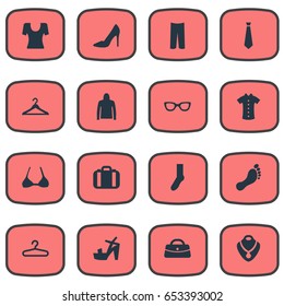 Vector Illustration Set Of Simple Dress Icons. Elements Office Style, Luggage, Barefoot And Other Synonyms Optic, Hanger And Hook.