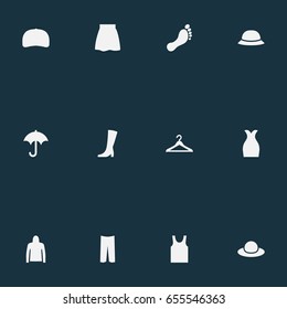 Vector Illustration Set Of Simple Dress Icons. Elements Brolly, Sweatshirt, Elegant Headgear And Other Synonyms Barefoot, Footwear And Cap.