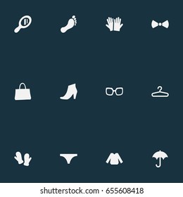 Vector Illustration Set Of Simple Dress Icons. Elements String, Blouse, Make-Up Glass And Other Synonyms Winter, Rack And Fashion.