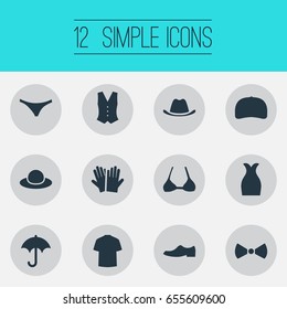 Vector Illustration Set Of Simple Dress Icons. Elements Cap, Attire, Brolly And Other Synonyms Bra, Headgear And Bow.