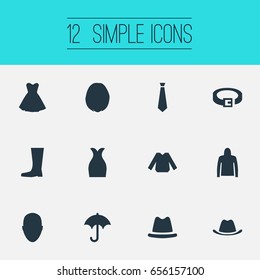 Vector Illustration Set Of Simple Dress Icons. Elements Sweatshirt, Hairdressing, Attire And Other Synonyms Boots, Cloth And Belt. Vector Illustration Set Of Simple Dress Icons. Elements Sweatshirt, Hairdressing, Attire And Other Synonyms Boots, Cloth And Belt.