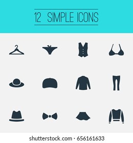 Vector Illustration Set Of Simple Dress Icons. Elements Cap, Cardigan, Pants And Other Synonyms Hat, Lingerie And Elegant.