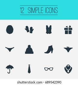 Vector Illustration Set Of Simple Dress Icons. Elements Ski Hat, Gloves, Glasses And Other Synonyms Suit, Winter And Parasol.