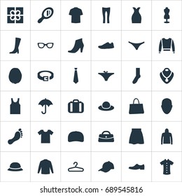 Vector Illustration Set Of Simple Dress Icons. Elements Purse, Barefoot, Sport Headwear And Other Synonyms Footprint, Elegant And Footwear.