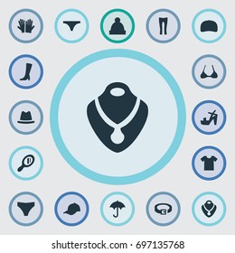 Vector Illustration Set Of Simple Dress Icons. Elements Brasserie, Footwear, Make-Up Glass And Other Synonyms Breast, Stand And Belt.