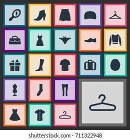 Vector Illustration Set Of Simple Dress Icons. Elements Present, Purse, Make-Up Glass And Other Synonyms Dress, Travel And Half-Hose.