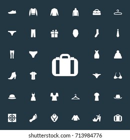 Vector Illustration Set Of Simple Dress Icons. Elements Pants, Sweatshirt, Purse And Other Synonyms Shirt, Head And Footwear.