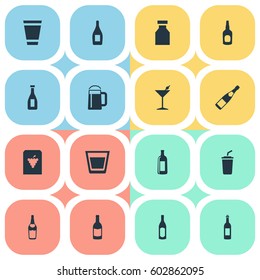 Vector Illustration Set Of Simple Drinks Icons. Elements Vial, Cognac, Champagne And Other Synonyms Whiskey, Plastic And Martini.