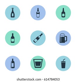 Vector Illustration Set Of Simple Drinks Icons. Elements Pub, Whiskey, Beverage And Other Synonyms Alcohol, Beverage And Bottle.