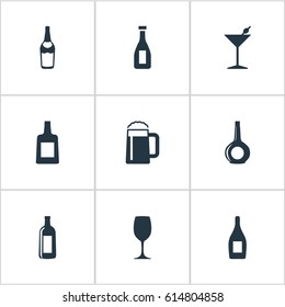Vector Illustration Set Of Simple Drinks Icons. Elements Glassware, Champagne , Brandy Synonyms Brandy, Pint And Bottle.
