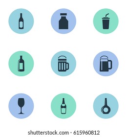 Vector Illustration Set Of Simple Drinks Icons. Elements Glassware, Vial, Champagne And Other Synonyms Bottle, Beer And Flask.