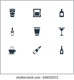 Vector Illustration Set Of Simple Drinks Icons. Elements Cardboard Container, Tea, Cosmopolitan And Other Synonyms Bottle, Vodka And Alcohol.