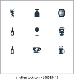 Vector Illustration Set Of Simple Drinks Icons. Elements Bottle, Wineglass, Vial And Other Synonyms Flask, Pint And Cognac.