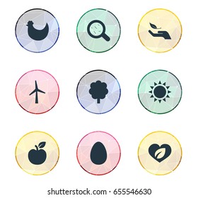Vector Illustration Set Of Simple Ecology Icons. Elements Bacteria, Plant, Chicken And Other Synonyms Chicken, Apple And Forest.