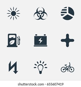 Vector Illustration Set Of Simple Ecology Icons. Elements Biology Peril, Petrol, Diagram And Other Synonyms Battery, Bulb And Lightning.