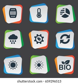 Vector Illustration Set Of Simple Ecology Icons. Elements Cloudburst, Diagram, Fahrenheit And Other Synonyms Celsius, Circle And Fahrenheit.