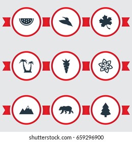 Vector Illustration Set Of Simple Ecology Icons. Elements Cantaloupe, Flower, Pinnacle And Other Synonyms Watermelon, Pinnacle And Leaf.