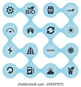 Vector Illustration Set Of Simple Ecology Icons. Elements Biological Engineering, Sunglow, Reuse And Other Synonyms Cask, Solar And Marine.
