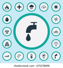 Vector Illustration Set Of Simple Ecology Icons. Elements Tachometr, Fire, Rush And Other Synonyms Celsius, Add And Rush.