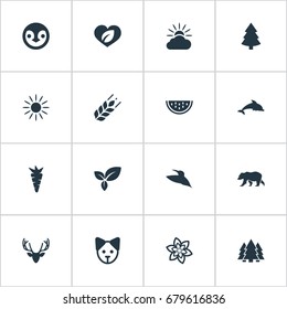 Vector Illustration Set Of Simple Ecology Icons. Elements Polar Bear, Plant, Cantaloupe And Other Synonyms Dog, Christmas And Grain.