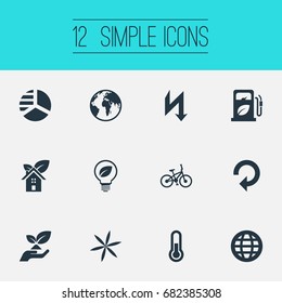 Vector Illustration Set Of Simple Ecology Icons. Elements Recycling, Eco Home, Planet And Other Synonyms Bike, Bicycle And Care.