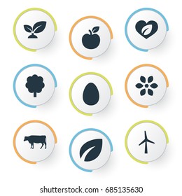 Vector Illustration Set Of Simple Ecology Icons. Elements Organic, Forest, Turbine And Other Synonyms Organic, Leaves And Fruit.