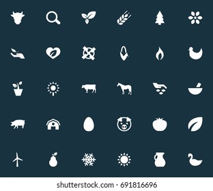Vector Illustration Set Of Simple Ecology Icons. Elements Spruce, Farmhouse, Livestock And Other Synonyms Green, Protection And Piggy.