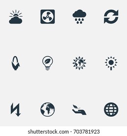 Vector Illustration Set Of Simple Ecology Icons. Elements Safe Lightbulb, Weather, Reuse And Other Synonyms Save, Care And Helianthus.