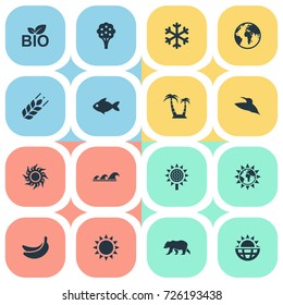Vector Illustration Set Of Simple Ecology Icons. Elements Reef, World, Sun And Other Synonyms Ocean, Weather And Aquatic.