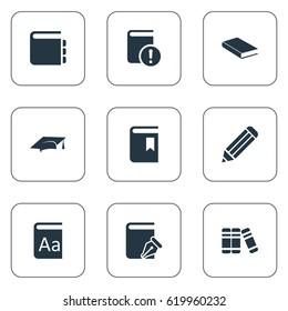 Vector Illustration Set Of Simple Education Icons. Elements Academic Cap, Alphabet, Book Cover And Other Synonyms Notebook, Bookmark And Hat.