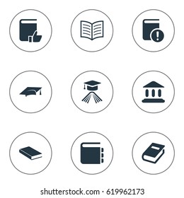 Vector Illustration Set Of Simple Education Icons. Elements Graduation Hat, Book Page, Library And Other Synonyms Notepad, School And Building.